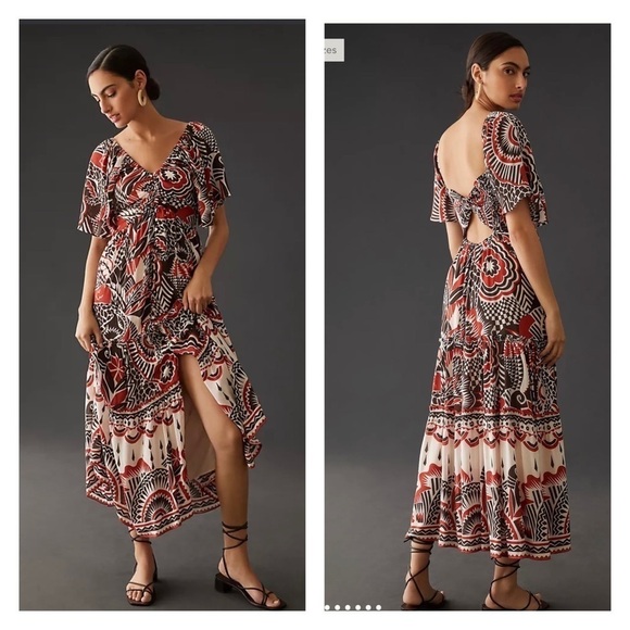 NWT BY ANTHROPOLOGIE Tiered Back Cutout Short Sleeve Printed Maxi Dress XS - Picture 1 of 10
